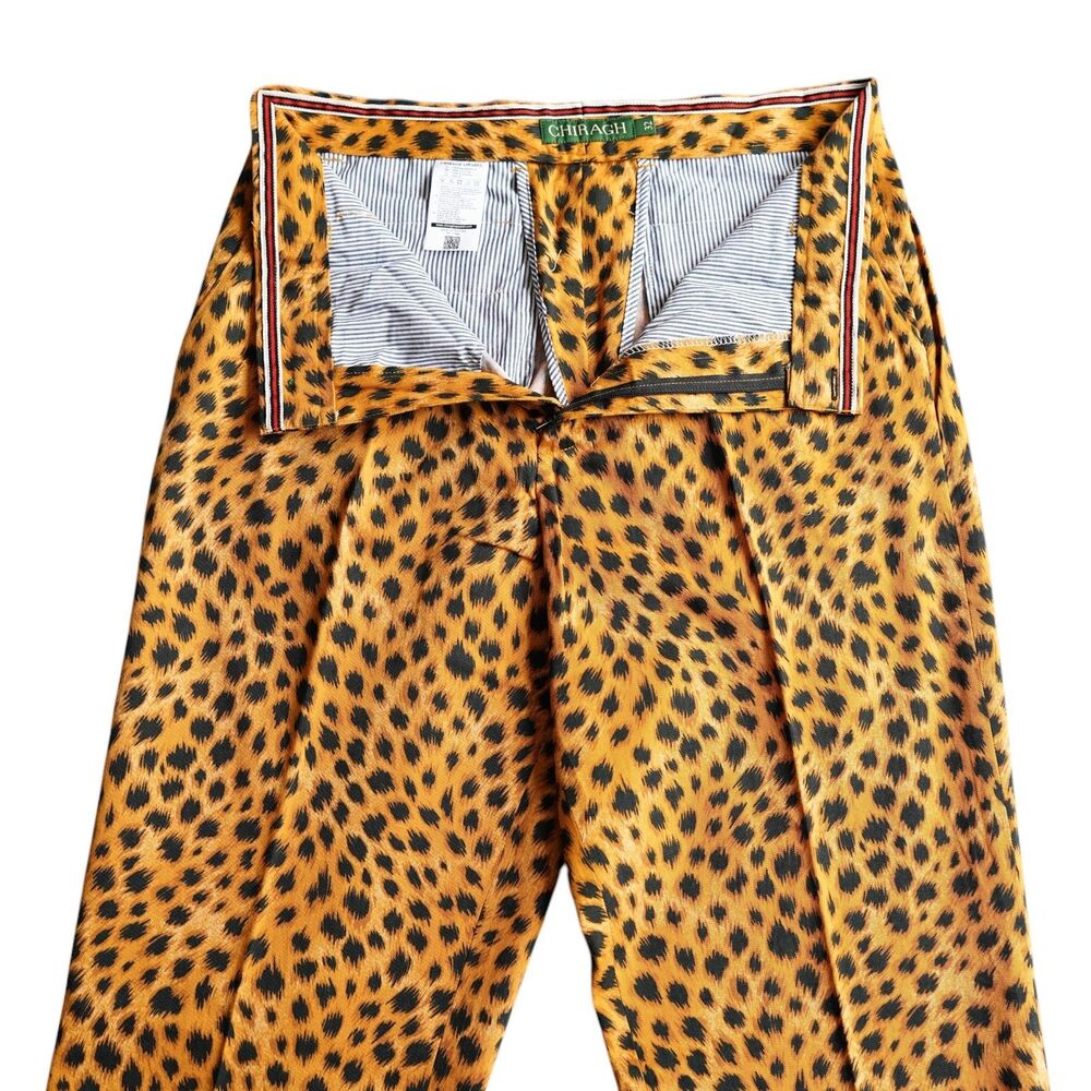 Mens Leopard Print Pants 32 Gold Black Animal Print Straight Fit Dress Trousers - Picture 4 of 7